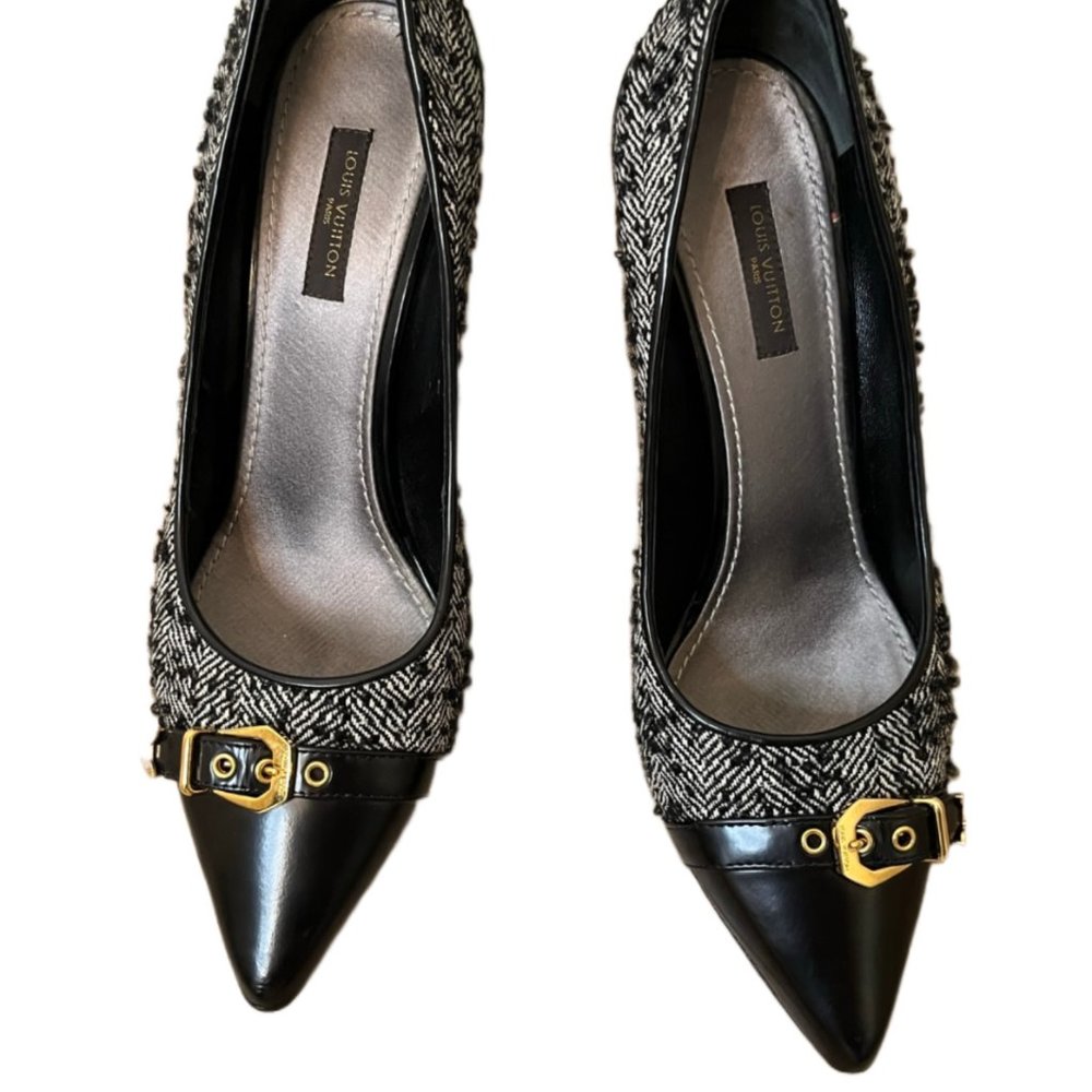 Louis Vuitton Black Leather Tweed Heels Size 37.5 - Picture 6 of 13
